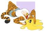 anthro bell bell_collar big_breasts blonde_hair bottomwear breasts clothing collar ear_piercing ear_ring female hair nipple_outline piercing pink_nose ring_piercing shorts smile solo striped_body stripes tongue tongue_out soneki felid mammal pantherine tiger