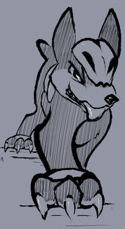 claws feral lustful_gaze male narrowed_eyes paws smile smirk smug solo tail teeth toe_claws tongue tongue_out yutz_(artist) nintendo pokemon canid canine generation_2_pokemon houndour mammal pokemon_(species) hatching_(art) monochrome shaded