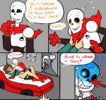 ?! barefoot bed blush bodily_fluids bone clothing dialogue exclamation_point feet female food furniture group heart_symbol imminent_sex ketchup male not_furry question_mark skeleton sweat text nsfwshamecave undertale undertale_(series) frisk_(undertale) papyrus_(undertale) sans_(undertale) animated_skeleton human mammal undead comic english_text