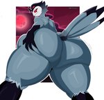 4_eyes anthro beak big_butt butt butt_focus butt_grab feathers grey_body grey_feathers hand_on_butt hand_on_own_butt huge_butt looking_at_viewer looking_back looking_back_at_viewer low-angle_view male multi_eye presenting presenting_hindquarters rear_view red_eyes solo tail thick_thighs nitrozo helluva_boss stolas_(helluva_boss) avian bird demon owl owl_demon hi_res