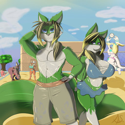 anthro ball beach_ball big_breasts big_butt big_tail black_eyebrows black_hair black_sclera blonde_eyebrows bottomwear breasts brown_body brown_fur building butt clothed clothing cloud duo_focus ear_piercing eyebrows female fence fur gradient_background green_body green_fur grey_body grey_fur group hair horn huge_breasts huge_butt huge_tail inflatable jumping light light_beam looking_at_another looking_at_partner looking_up male markings membrane_(anatomy) membranous_wings miniskirt multicolored_body multicolored_fur piercing pink_body pink_fur plant pool red_body sand scales simple_background skirt sky small_tail smile sport standing sunbeam sunlight swimming_trunks swimwear tail tan_body tan_scales topless tree two-piece_swimsuit two_tone_body two_tone_fur volleyball white_body wings aerospine mythology aijou background_character calamity_(averyshadydolphin) vixie_(averyshadydolphin) yaojou bat canid canine canis dragon jou mammal mythological_creature mythological_scalie scalie wolf 1:1 2017 colored digital_drawing_(artwork) digital_media_(artwork) hi_res signature
