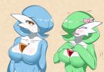 accessory big_breasts blue_body blue_hair blue_skin blush bow_(feature) bow_accessory bow_ribbon breasts duo eyes_closed female gardevoir generation_3_pokemon green_body green_hair green_skin hair hair_accessory hair_bow hair_over_eye hair_ribbon happy multicolored_body multicolored_skin nintendo not_furry one_eye_obstructed pokemon pokemon_(species) ribbons sana!rpg shiny_pokemon simple_background smile two_tone_body two_tone_skin white_body white_skin yellow_eyes