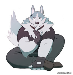 anthro blue_body blue_eyes blue_fur clothed clothing fur male simple_background solo white_background lemusuniverse brand_new_animal studio_trigger shirou_ogami canid canine canis mammal wolf 2021 hi_res