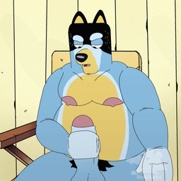 anthro belly big_moobs big_penis chair furniture genitals male male/male masturbation moobs on_chair penis pubes sitting sitting_on_chair solo stroking_penis nuknuks bluey_(series) bandit_heeler canid canine mammal animated hi_res short_playtime video