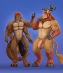 2_penises 4_arms 4_balls 4_pecs anthro antlers balls big_penis black_penis black_tongue celtic_knot celtic_tattoos diphallism duo foreskin fur genitals hair hooves horn huge_penis humanoid_genitalia humanoid_penis hyper hyper_genitalia hyper_penis male mane multi_arm multi_balls multi_genitalia multi_limb multi_pecs multi_penis multifur orange_body orange_fur pecs penis pink_penis red_hair tail tail_tuft thick_tail tongue tuft vertical_diphallism kittykage asrael_zogendral crashb deer felid feline hybrid lion mammal mustelid new_world_deer otter pantherine reindeer absurd_res hi_res