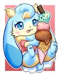 blue_body blue_eyes blue_fur blush butt chibi clothing dessert dewlap_(anatomy) dress female floppy_ears food fur ice_cream ice_cream_cone jacket kemono long_ears lop_ears multicolored_body multicolored_fur semi-anthro simple_background smile solo swirl tan_body tan_fur thick_thighs tongue tongue_out topwear two_tone_body two_tone_fur pyritie sofu_(pyritie) lagomorph leporid mammal rabbit 2021 digital_media_(artwork) hi_res