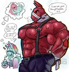 abs annoyed anthro bandage bandaged_arm bandaged_neck barazoku belt big_pecs blue_body blue_fur blush blush_lines bulge butt clothing dialogue duo eye_patch eyewear fur hand_behind_butt horn kissing looking_down male mohawk muscular muscular_anthro muscular_arms muscular_male muzzle_(object) muzzled nervous nervous_smile nipples pecs pinata pink_body pink_fur pink_nipples sigh suspenders sweater text thought_bubble topwear tufted_fur wraps its_coldpizza epic_games fortnite mythology yoshi_and_toad_kissing llambro lt._john_llama animate_inanimate camelid equid equine hybrid living_pinata llama mammal mythological_creature mythological_equine unicorn absurd_res english_text hi_res