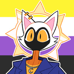 ambiguous_gender anthro aureola black_body black_skin clothing ear_piercing eyelashes fur halo jacket jewelry lgbt_pride mouthless necklace nonbinary_pride_colors piercing pride_colors pupils slit_pupils solo topwear white_body white_fur yellow_sclera idolomantises catty_(idolomantises) angel felid feline mammal 1:1 2025 digital_media_(artwork) portrait nonbinary_(lore)