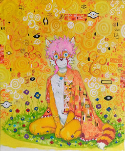 abstract_background anthro chest_tuft flower fur grass hair male mantle nude orange_body orange_fur pink_hair plant solo tuft gustav_klimt robbiepanda ailurid mammal red_panda hi_res painting_(artwork) traditional_media_(artwork) traditional_painting_(artwork) watercolor_(artwork)