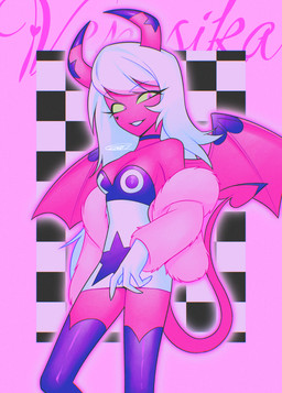 big_breasts breasts choker cleavage clothed clothing female horn jewelry membrane_(anatomy) membranous_wings necklace not_furry solo spade_tail tail text wings enaic31 hellaverse helluva_boss verosika_mayday demon demon_humanoid humanoid succubus absurd_res character_name hi_res