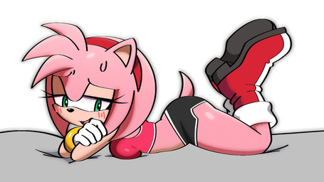 anthro blush boots bottomwear bra breasts clothed clothing female footwear fur gloves green_eyes hair handwear lying on_front open_mouth pink_body shoes shorts simple_background smile solo sports_bra tail topwear underwear sirsmolnsfw sega sonic_the_hedgehog_(series) amy_rose eulipotyphlan hedgehog mammal digital_media_(artwork) hi_res