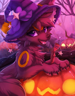 arm_tuft big_ears big_hat bow_tie brown_body brown_fur charm_(jewelry) cheek_tuft claws clothing elbow_tuft facial_tuft female feral fluffy fluffy_chest fluffy_ears fluffy_hair fluffy_tail food fruit fur fur_markings grass hair happy hat headgear headwear jack-o'-lantern looking_at_viewer markings neck_tuft open_mouth open_smile pawpads plant pumpkin purple_eyes short_hair smile solo star stem tail teeth tongue tree tuft witch_hat yellow_body yellow_fur joeumbre nintendo pokemon rita_(joeumbre) canid canine eeveelution generation_2_pokemon mammal pokemon_(species) umbreon absurd_res hi_res