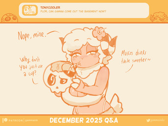 2_horns accessory anthro big_breasts blush blush_stickers bone breasts cleavage_cutout clothing curled_horn cutout dialogue disembodied_head drinking drinking_straw duo eyebrow_through_hair eyebrows eyelashes female fingers flower flower_in_hair hair hair_accessory holding_skull hooved_fingers hooves horn orange_monochrome plant q&a skeleton tail text thong_straps topwear translucent translucent_hair gammainks flor_(gammainks) gamma_(gammainks) animated_skeleton bovid caprine mammal sheep undead 2025 absurd_res artist_name english_text hi_res monochrome