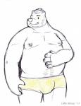 2017 alexyorim anthro bear beard body_hair boxer_briefs clothed clothing facial_hair hand_on_belly happy_trail hi_res male mammal nipple_piercing nipples piercing simple_background solo topless traditional_media_(artwork) underwear white_background yellow_clothing yellow_eyes yellow_underwear