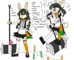 anthro bow_tie bracelet carrot_accessory clothing female green_highlights hammer heterochromia highlights_(coloring) jewelry legwear maid_uniform rabbit_ear short_tail solo spiked_bracelet spikes tail text thigh_highs tools uniform young young_anthro sparxel lagomorph leporid mammal rabbit english_text hi_res