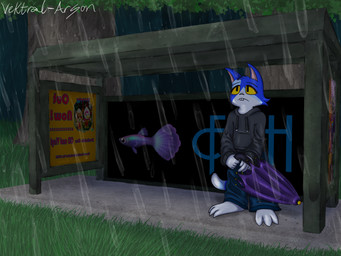 advertisement anthro billboard bus_stop grass male plant raining rock solo tree umbrella vektral-arson animal_crossing nintendo moe_(animal_crossing) domestic_cat felid feline felis mammal 4:3 hi_res