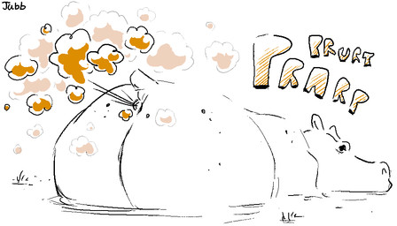 anus big_butt brown_fart_cloud butt butt_focus fart fart_cloud female feral lidded_eyes looking_at_viewer partially_submerged raised_tail rear_view simple_background small_tail solo sound_effects spots tail text white_background jubb common_hippopotamus hippopotamid mammal 2023 artist_name