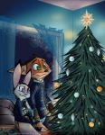 anthro bottomwear christmas_tree clothed clothing curtains dipstick_ears duo ear_markings fully_clothed fur green_eyes grey_body grey_fur holidays inner_ear_fluff inside light multicolored_ears orange_body orange_fur pants plant purple_eyes sitting smile sweater topwear tree tuft window feverwildehopps christmas disney zootopia judy_hopps nick_wilde canid canine fox lagomorph leporid mammal rabbit red_fox true_fox 2019 absurd_res hi_res lighting