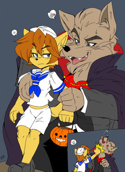 age_difference angry annoyed anthro arm_grab black_nose blue_eyes bodily_fluids bottomwear brown_body brown_fur bruised bucket cape clothing container costume cross-popping_vein duo eyebrow_through_hair eyebrows footwear frown fur grabbing_from_behind hair half-closed_eyes hand_on_chest hat headgear headwear heart_symbol holding_object holidays inner_ear_fluff larger_male looking_back male narrowed_eyes older_male open_mouth orange_hair punch sailor saliva shoes shorts size_difference smaller_male speech_bubble standing teeth thick_eyebrows tongue tongue_out translucent translucent_hair tuft uniform vein yellow_body yellow_fur young young_anthro younger_male zhengfox halloween canid canine canis domestic_cat felid feline felis mammal vampire wolf hi_res pictographics