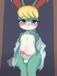 anthro balls biped blonde_hair blush bodily_fluids clothed clothing erection femboy front_view genitals green_body hair heart_eyes heart_symbol looking_at_viewer male navel nipples open_clothing open_shirt open_topwear penis pupils shirt smile solo sweat thick_thighs topwear mr-shin animal_crossing nintendo sasha_(animal_crossing) lagomorph leporid mammal rabbit absurd_res hi_res