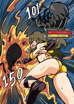 accessory ambiguous_gender armwear big_breasts bikini bikini_bottom bikini_top black_body bodily_fluids breasts brown_hair butt camel_toe clothed clothing elbow_gloves explosion explosives fangs female feral fire footwear gameplay_mechanics gloves group gui hair hair_accessory handwear health_bar light_body light_skin long_hair low-angle_view multi_arm multi_limb number open_mouth outside rear_view sandals shoes side_boob solo_focus sweat swimwear teeth text trio two-piece_swimsuit yellow_bikini yellow_clothing yellow_swimwear arniro vividred_operation himawari_shinomiya arachnid arthropod human mammal spider character_name digital_media_(artwork) hi_res japanese_text