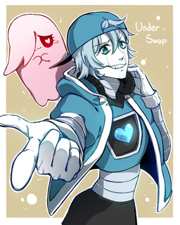 :3 alternate_universe ambiguous_gender backwards_baseball_cap backwards_hat baseball_cap blue_eyes blue_hair blush clothing duo electronics eyelashes gesture hair hair_over_eye hand_gesture hat headgear headphones headwear heart_eyes heart_symbol machine male not_furry one_eye_obstructed pink_body pointing pointing_at_viewer simple_background smile yukiblue94 underswap undertale undertale_(series) fan_character happstablook mettaton napstablook napstabot ghost humanoid robot spirit 4:5