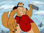 5_fingers abs anthro balls_outline biceps big_bulge biped blue_eyes brown_body brown_fur building building_destruction bulge city claws clothing collar destruction detailed_bulge duo finger_claws fingers fur genital_outline hair holding_building larger_anthro larger_male macro male muscular muscular_anthro muscular_male pecs red_clothing red_underwear sheath_outline size_difference smaller_human smaller_male solo_focus spiked_collar spikes standing tail trapped_in_clothing trapped_in_underwear underwear justagoodboy john_(justagoodboy) canid canine canis human mammal wolf 4:3 hi_res