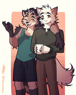5_fingers amber_eyes anthro black_claws black_hair black_nose bottomwear brown_claws brown_eyes brown_nose claws clothed clothing container cup dipstick_ears duo ear_markings fingers fur gloves_(marking) grey_inner_ear_fluff hair happy holding_object inner_ear_fluff leg_markings male markings mug multicolored_body multicolored_ears multicolored_fur open_mouth pants pink_tongue shirt shorts socks_(marking) standing tail tan_body tan_fur tan_inner_ear_fluff teeth tongue topwear tuft white_body white_fur white_hair naturanevie promises_to_keep hunter_(promises_to_keep) theo_(promises_to_keep) arctic_fox canid canine fox hyena mammal true_fox 4:5 hi_res shaded