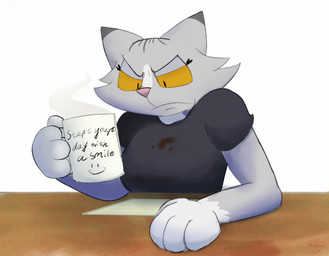 4_fingers angry anthro clothing dirty female fingers fur furniture glass grey_body grey_fur grumpy mature_anthro mature_female multicolored_body multicolored_fur orange_eyes paper pink_nose shirt simple_background solo t-shirt table text topwear white_background pinkish-cat rachel_miller_(pinkish-cat) domestic_cat felid feline felis mammal 2025 colored_sketch hi_res shaded simple_shading sketch