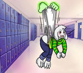 anthro ass_up blush briefs bullying butt butt_cleavage clothed clothing clothing_pull disembodied_hand duo embarrassed ghost_hand hanging_wedgie locker male partially_clothed school shota solo_focus stretched_underwear tighty_whities underwear underwear_pull wedgie white_briefs white_clothing white_underwear young young_anthro young_male black-chocobo99 undertale undertale_(series) asriel_dreemurr boss_monster_(undertale) bovid caprine mammal unavailable_at_source
