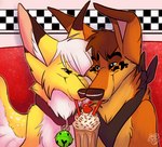 1950s_theme anthro bell bell_collar beverage brown_body brown_fur cherry collar diner duo eye_contact fangs female food fruit fur kerchief looking_at_another looking_at_partner male male/female married_couple milkshake plant relationship restaurant romantic romantic_couple spots sprinkles teeth white_body white_fur white_spots yellow_body yellow_fur blondefoxy lucky_(blondefoxy) skuff_coyote avian barn_owl bird canid canine canis coyote hybrid mammal owl tyto tytonid 2013 signature