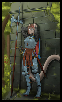anthro armor black_border border breastplate cape chainmail clothing cuirass cuisse faulds female flintlock gambeson greaves halberd hauberk medieval_armor melee_weapon metal_armor outside plackart plate_armor polearm poleaxe poleyn rondel_dagger sabatons scabbard short_cape solo stone_wall sword wall_(structure) weapon wheellock conkerbirdy nielo_(gamal) canid canine canis cougar felid feline hybrid mammal wolf absurd_res full-length_portrait hi_res portrait