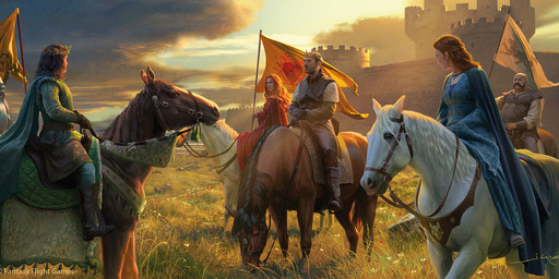 ambiguous_gender armor biped blue_clothing brown_body cape castle clothing crown detailed_background female feral flag flag_(object) grass grazing group headgear holding_flag holding_object male mane outside plant plate_armor quadruped red_clothing tail white_body joshua_cairos a_game_of_thrones:_the_card_game fantasy_flight_games game_of_thrones melisandre_(game_of_thrones) stannis_baratheon equid equine horse human mammal character_request hi_res official_art