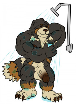 abs anthro balls bathing biceps big_muscles black_body black_fur clothing erection feet flexing fur genitals hair male muscular muscular_anthro muscular_male nipples nude paws pecs penis shower showering simple_background smile solo standing bernese_mountain_dog canid canine canis domestic_dog mammal molosser mountain_dog swiss_mountain_dog 2023 hi_res