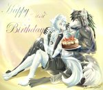 anthro birthday birthday_cake black_body black_fur black_hair cake clothed clothing dessert food fur hair horn male open_mouth orange_eyes red_eyes romantic romantic_couple scar simple_background smile solo text white_body white_fur hakuhyogaki haku_hyogaki kai_oosaki arctic_wolf canid canine canis mammal wolf absurd_res digital_media_(artwork) english_text hi_res