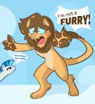 alternate_species anthro blue_background brown_body brown_fur brown_hair dialogue duo fur furrification hair humor in_denial male open_mouth simple_background speech_bubble text aviivix hasbro my_little_pony pngtuber saberspark vtuber saberspark_(character) equid equine felid horse lion mammal pantherine pony 2020 english_text