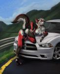 5_fingers anthro clothed clothing day detailed_background female fingers grass grey_hair hair outside plant sky solo melianah dodge_(brand) dodge_charger dakota_(dakotalesmercy) canid canine canis domestic_dog mammal 2020 digital_media_(artwork) hi_res