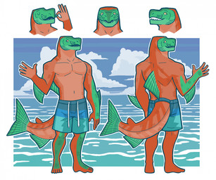 5_fingers 5_toes adipose_fin anal_fin anthro arm_fin barefoot biped black_eyes blue_bottomwear blue_clothing blue_shorts blue_sky bottomwear clothed clothed_anthro clothed_male clothing cloud dorsal_fin featureless_chest feet fin fingers front_view furgonomics gesture green_body green_fin green_scales humanoid_feet humanoid_hands male male_anthro multicolored_body multicolored_scales navel non-mammal_navel orange_body orange_scales outline pecs plantigrade pseudo_mustache pupils rear_view scales sea sharp_teeth shorts sky snout solo swimming_trunks swimwear tail tail_fin teeth toes topless topless_anthro topless_male two_tone_body two_tone_scales water waving white_outline white_pupils yellow_sclera snarkysardine aquatic fish salmon salmonid_(fish) sockeye_salmon 2026 hi_res model_sheet