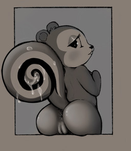 anthro anus bedroom_eyes blush bodily_fluids border butt cum cum_on_tail curled_tail eyelashes female genital_fluids genitals iris lips looking_at_viewer looking_back makeup narrowed_eyes nude one_eye_obstructed outside_border presenting presenting_hindquarters pupils rear_view round_ears seductive simple_background sitting solo tail vulva unknown_artist animal_crossing nintendo pecan_(animal_crossing) mammal rodent sciurid tree_squirrel greyscale half-length_portrait hi_res monochrome portrait