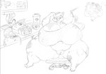 anthro belly big_belly big_breasts big_butt bodily_fluids bottomless breasts breath buckteeth butt chair cleavage clothed clothing eyewear face_shield female furniture genitals glasses huge_breasts huge_butt huge_thighs hyper hyper_breasts hyper_thighs ineffective_clothing mask navel nipple_outline obese obese_female office_chair oil_stain overweight overweight_female plump_labia pussy solo sweat sweaty_genitalia sweaty_pussy teeth thick_thighs welding_mask welding_torch necro_lorr undertale_(series) alphys dinosaur prehistoric_species reptile scalie monochrome