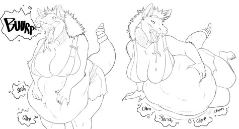 anthro anthro_pred belly belly_tuft bent_over big_belly big_breasts bloated bodily_fluids bottomwear bra breasts burping clothing digestion digestion_noises fangs female female_pred forked_tongue huge_belly natural_breasts navel rattle_(anatomy) reclining sagging_breasts saliva saliva_on_breasts same_size_vore shorts sloshing_belly solo teeth tongue torn_bottomwear torn_clothing tuft underwear unseen_prey vore azathura fallout microsoft night_stalker_(fallout) absurd_res digital_drawing_(artwork) digital_media_(artwork) hi_res line_art monochrome