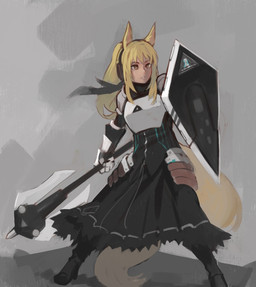 armor blonde_hair clothing dress electronics female hair headphones melee_weapon shield simple_background solo standing weapon paintrfiend arknights hypergryph studio_montagne nearl_(arknights) animal_humanoid equid equid_humanoid humanoid mammal mammal_humanoid 2020