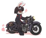 ambiguous_gender anthro army_helmet boots brown_eyes cigarette clothing footwear fur grey_body grey_fur motorcycle shoes simple_background solo stern_look vehicle white_background tkddud632 lagomorph leporid mammal rabbit digital_media_(artwork) hi_res