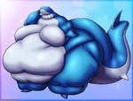 2023 absurd_res anthro belly big_belly big_breasts big_butt blue_body bow_on_head breasts butt clothed clothing digital_media_(artwork) featureless_breasts female generation_3_pokemon hi_res huge_belly huge_breasts huge_butt huge_thighs morbidly_obese morbidly_obese_anthro morbidly_obese_female nintendo obese obese_anthro obese_female overweight overweight_anthro overweight_female pokemon pokemon_(species) solo thick_thighs topless viroveteruscy wailord white_body