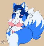 anthro big_breasts blue_body blue_fur bra breasts cleavage clothed clothing facial_piercing female fur leg_markings markings multi_tail nose_piercing nose_ring panties piercing purple_eyes ring_piercing simple_background sitting socks_(marking) solo tail thick_thighs underwear wide_hips rachellebun canid canine fox mammal absurd_res hi_res