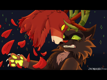 alternate_species alternate_universe ambiguous_gender angry antler_grab antlers black_bars claws decapitation duo dying dying_eyes eye_contact eyelashes fake_antlers fake_horns feral fight flower gradient_background green_eyes green_pawpads headless horn looking_at_another pawpads petals plant red_nose rose_(flower) rose_petals scared simple_background star yellow_eyes jackrabbit_(artist) warriors_(book_series) hollyleaf_(warriors) leafpool_(warriors) deer domestic_cat felid feline felis mammal 4:3 digital_drawing_(artwork) digital_media_(artwork) digital_painting_(artwork) hi_res ibispaint_(artwork) letterbox painting_(artwork) shaded signature