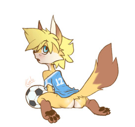 anthro ball black_pawpads blonde_hair blue_clothing blue_eyes blue_topwear bottomless brown_body brown_fur brown_tail butt clothed clothing eyebrows feet fur hair male multicolored_body multicolored_fur open_mouth pawpads soccer_ball soles solo tail tongue topwear young young_anthro young_male galo tycloud canid canine fox mammal 2023 hi_res