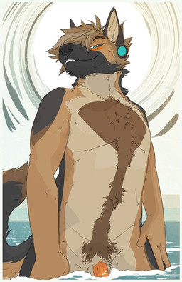 anthro bite biting_lip black_body black_fur black_nose blue_eyes blush brown_body brown_fur brown_hair brown_inner_ear_fluff ear_piercing fluffy fluffy_hair fur gauged_ear genitals hair hair_over_eye humanoid_hands inner_ear_fluff looking_at_viewer low-angle_view male nude outside partially_submerged penis penis_base piercing skinny_dipping solo standing_in_water sun tuft water wolfscented acacia_(wolfscented) canid canine canis domestic_dog german_shepherd herding_dog mammal pastoral_dog 2019 digital_drawing_(artwork) digital_media_(artwork) draw_over english_description hi_res