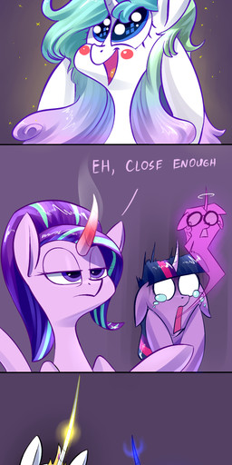 alternate_hairstyle banana blue_eyes blush bodily_fluids dessert female food fruit halo horn ice_cream plant spit-take tears text underpable friendship_is_magic hasbro my_little_pony mythology princess_celestia_(mlp) princess_luna_(mlp) rarity_(mlp) starlight_glimmer_(mlp) twilight_sparkle_(mlp) equid equine ghost mammal mythological_creature mythological_equine spirit unicorn 1:3 2017 absurd_res comic english_text hi_res