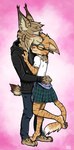 anthro blush brown_body brown_fur cuddling duo eyewear female fur glasses hug male spots stripes tan_body tan_fur ziegelzeig bad_guy_cafe colt_lasky sarha_solar domestic_cat felid feline felis lynx mammal 2023 hi_res